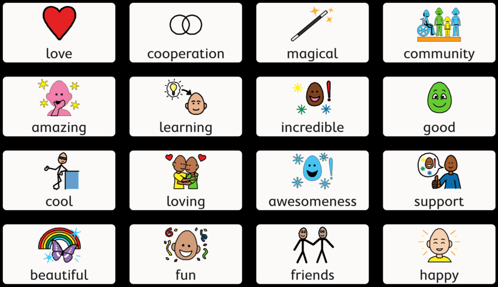 spin art words Picture communication symbol words: love, cooperation, magical, community, amazing, learning, incredible, good, cool, loving, awesomeness, support, beautiful, fun, friends, happy