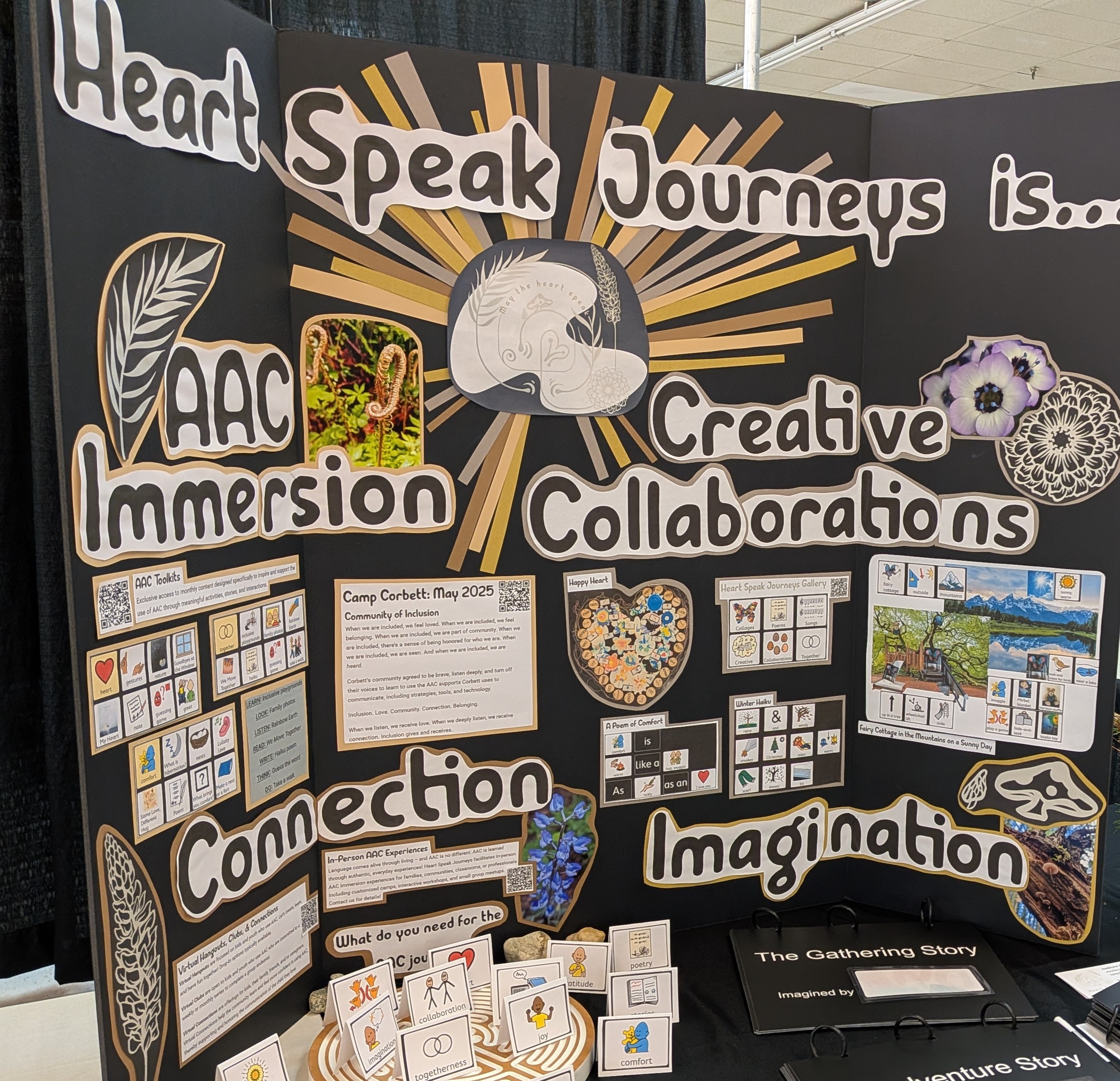PXL_20260328_153410515 Poster board of information: Heart Speak Journeys, AAC Immersion, Creative Collaboration, Connection, Imagination