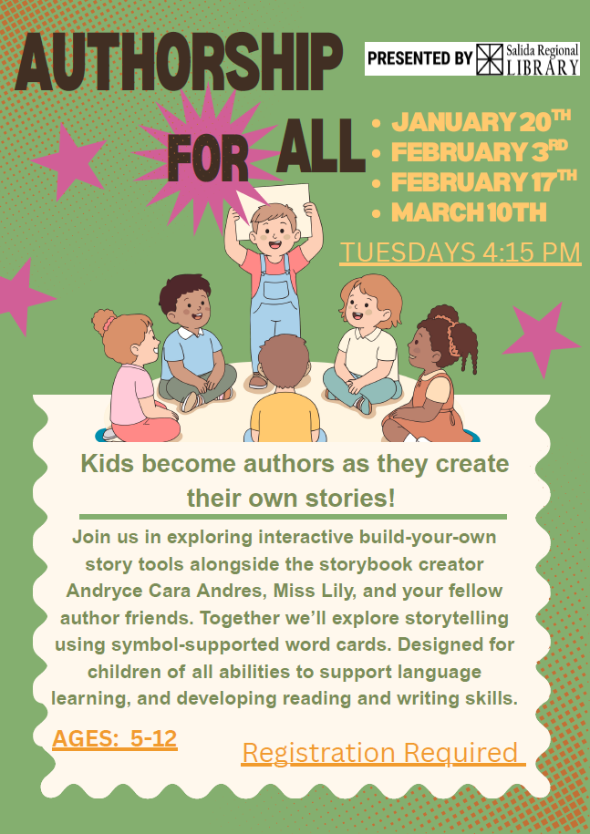 Authorship image of flyer for Authorship for All program at Salida Regional Library